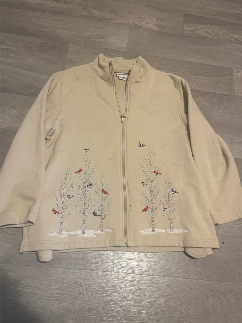 BonWorth Cream Zip-Front Teddy Jacket with Embroidered Birds